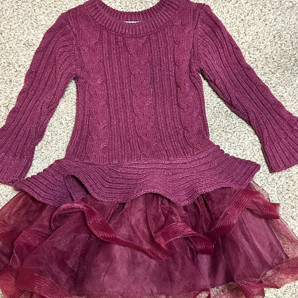 Bonnie Baby Girls Cable Knit Sweater Tulle Dress, 24m Burgundy ruffle skirt
